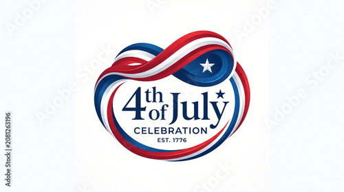 Patriotic 4th of July Celebration emblem, American Independence Day logo with red white and blue ribbons, United States national holiday graphic