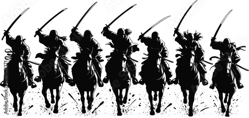 Картината върху платно Vector silhouettes of samurai cavalry charging, historic Japanese warriors ridin