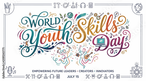 Vibrant youth empowerment illustration celebrating diverse skills and creativity for global celebration events