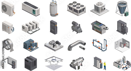 Картината върху платно Industrial HVAC and Cooling System Isometric Icon SetIndustrial HVAC and Cooling