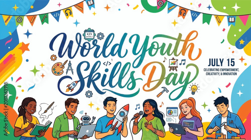 Vibrant illustration celebrating youth skills development with diverse children engaging in creative activities