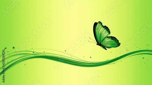 Beautiful green butterfly flying over abstract flowing lines