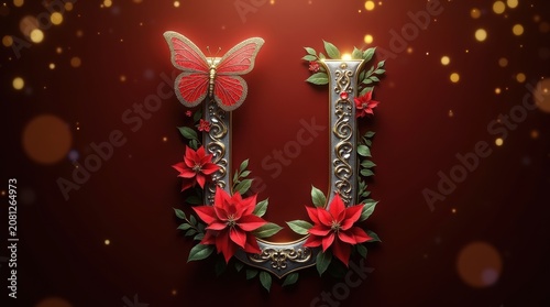 Letter u alphabet design decorated with red flowers and a butterfly
