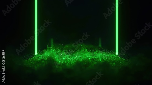Green neon glowing light lines with floating particles on black background