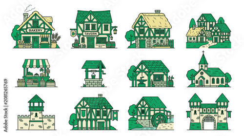 Tableau sur toile Medieval Village Buildings Set: Bakery, Tavern, Castle, Church, Houses