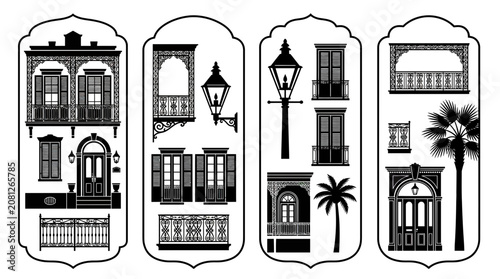 Obraz na plátne New Orleans Architecture Silhouette Collection: Balconies, Windows, Doors, Lamps