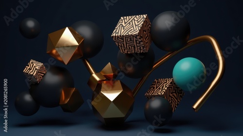 Abstract 3D geometric shapes with patterns floating in dark space