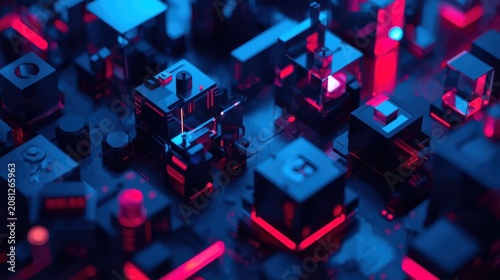 Abstract digital city grid with neon blue and pink glowing light cubes