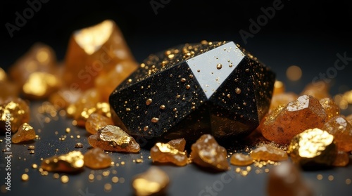 Dark chocolate truffle with nuts and gold dust on a black background