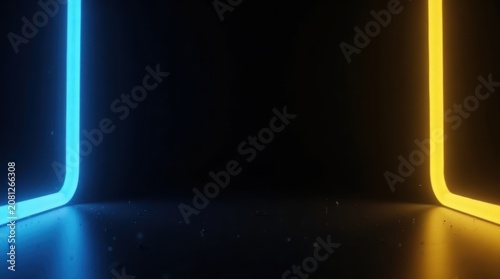 Blue and orange neon light frames on a dark black background
