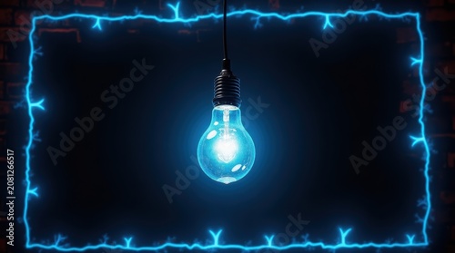 Glowing light bulb hanging inside a blue neon electric lightning frame
