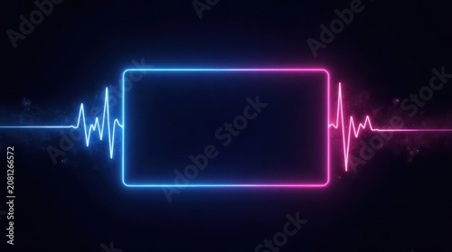 Neon glowing rectangular frame with blue and pink sound wave pulse lines