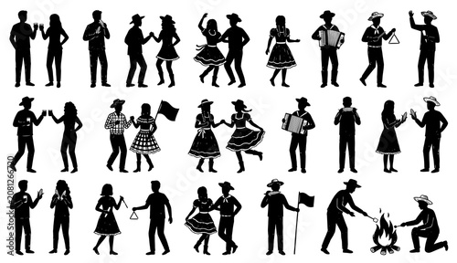 Large set of black silhouette people celebrating brazilian festa junina vector. Traditional festival characters dancing, playing accordion, holding flags and standing by campfire.