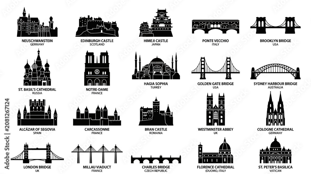 Fototapeta premium Famous Landmarks Collection: Castles, Bridges, Cathedrals Icons Set