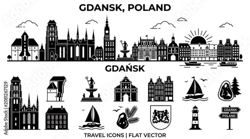 Gdansk Poland Skyline Silhouette and Travel Icons Flat Vector