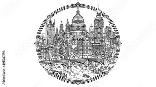 Bild auf Leinwand London Skyline Illustration: St Paul's Cathedral, Bridges, River Thames, Vintage