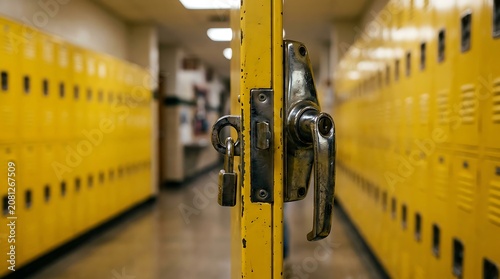 Yellow metal lockers line a school hallway with a focus on a silver handle and padlock on a central door