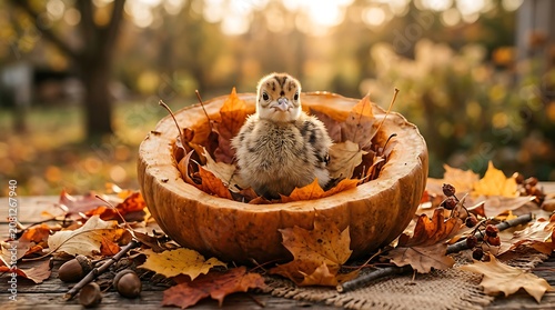 Turkey cartoon poult sitting inside a pumpkin with autumn leaves