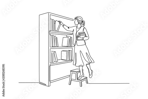 Continuous line drawing of a woman reaching for a book on a high shelf.