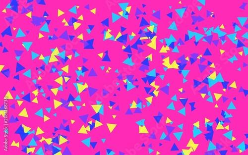 Pink background with scattered colorful triangles confetti, vector art.