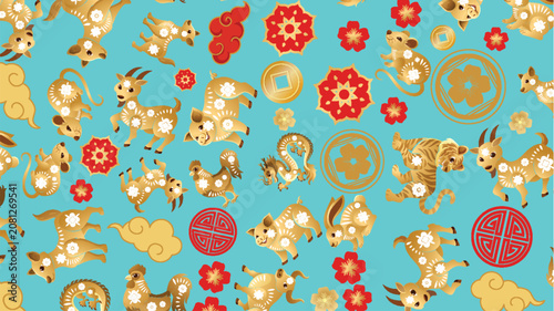 Photography Seamless Pattern with Golden Chinese Zodiac Animals and Red Flowers
