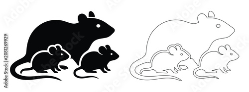 Photos Mother Rat with Baby Mice Silhouette and Outline Vector Set, Rodent Family Pet o