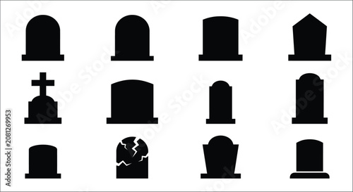 Fotografía Gravestone Silhouettes On White Background Collection Of Memorial Shapes