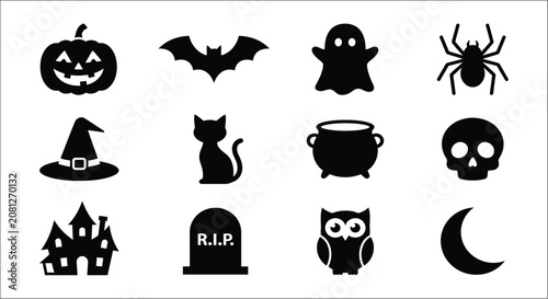 Fotografía Halloween Silhouette Icons Set On White Background