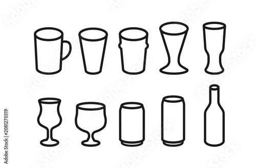 ビールグラスと缶の線画アイコン10個セット