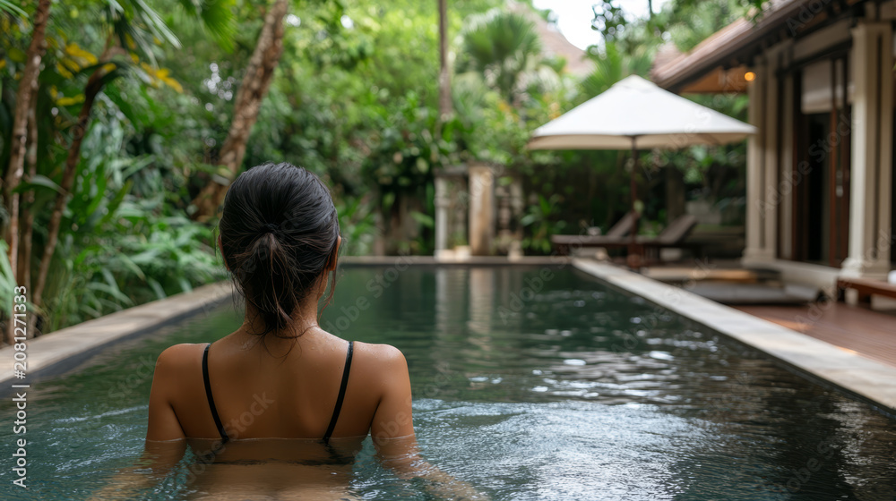 Fototapeta premium Woman enjoying a refreshing dip in a private tropical resort swimming pool