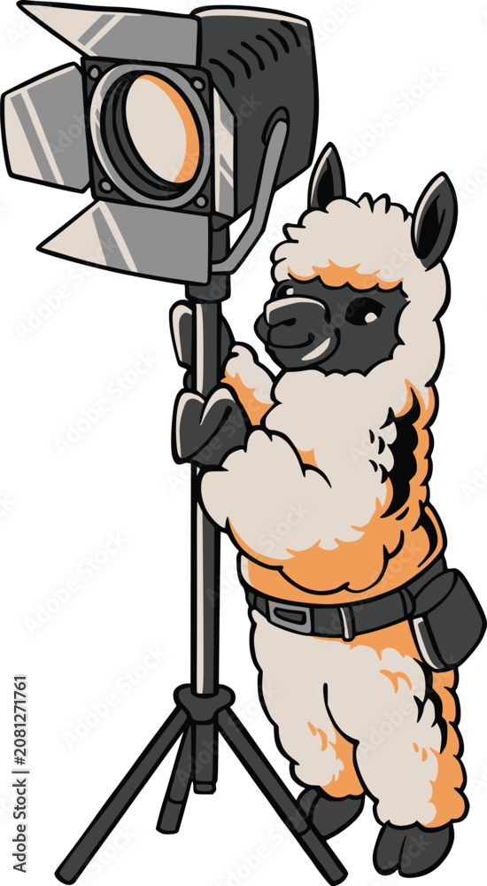 Fototapeta premium Cartoon vector illustration of a cheerful alpaca operating a professional studio camera on a tripod, wearing headphones and utility belt, isolated on white