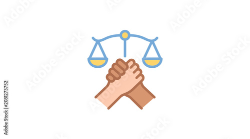 Justice and Equality Concept: Hands Shaking Under Scales of Justice