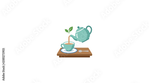 Teapot Pouring Tea Into Cup with Leaves and Spoon on Wooden Tray