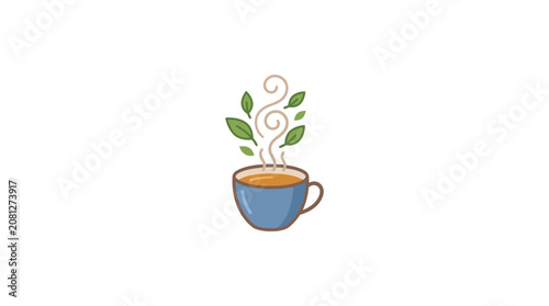 Blue teacup with steaming herbal tea and fresh leaves