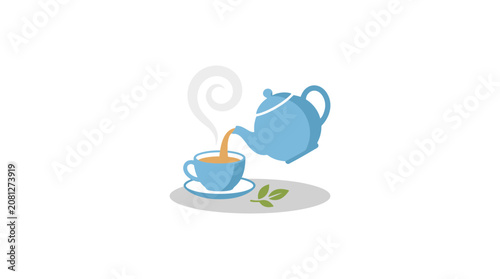 Blue teapot pouring hot tea into a cup on a saucer, with steam and a leaf.