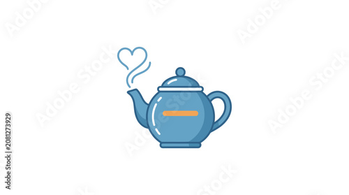 Blue teapot with steam in heart shape, love for hot drinks, isolated on white background