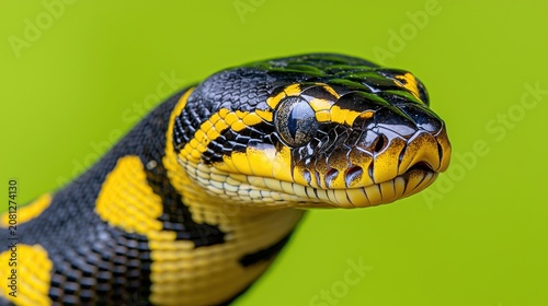 Black And Yellow Snake Close Up On Green Background