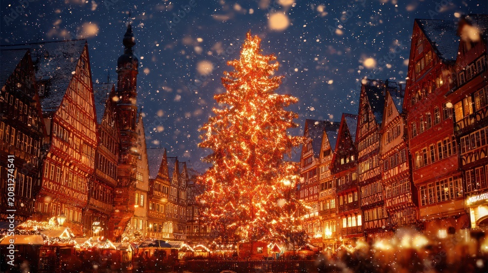 Obraz premium Festive Christmas Tree in Historic Town Square During Snowfall with Warm Lighting