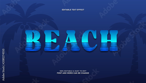 Beach editable text effect style with ocean water wave texture and palm tree silhouette background