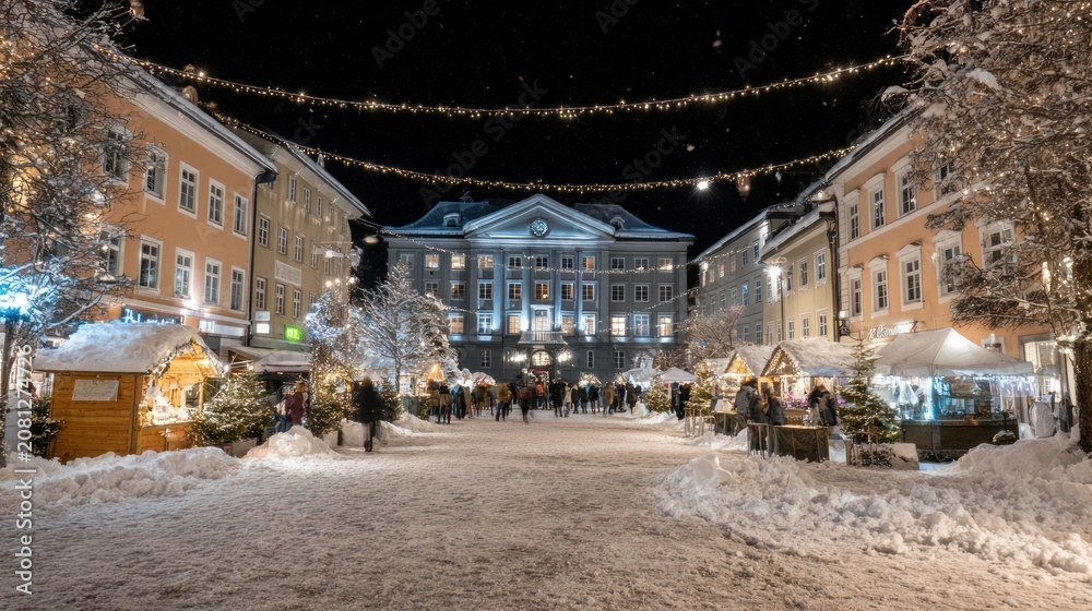 Fototapeta premium Festive Winter Market Scene in Snow Covered Town Square with Illuminated Historic Buildings and Christmas Decorations