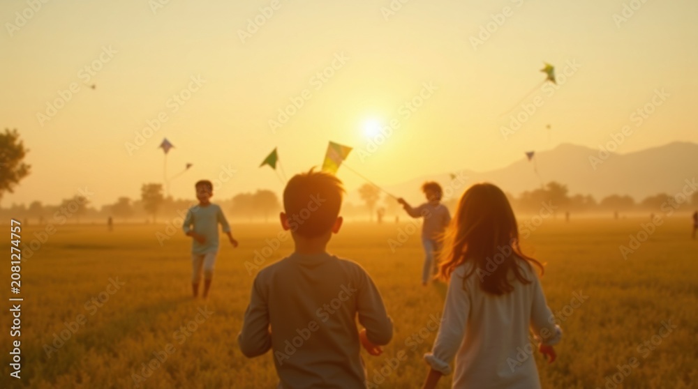 Obraz premium Children flying kites in golden field during sunset with warm backlight