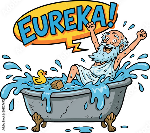 Photography Archimedes Cartoon Character Cheering in Splashing Bathtub with Rubber Duck and