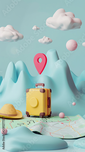 3D claymorphism travel suitcase map and mountain scene for summer vacation app interface tourism route planning marketing and outdoor adventure banner
