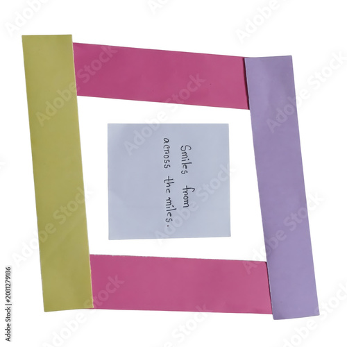 Colorful 3d gift box with ribbon on pink background with torn paper and crafted card design