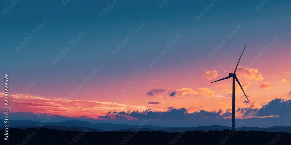 Obraz premium Wind turbine silhouette against vibrant sunset sky generating renewable energy source