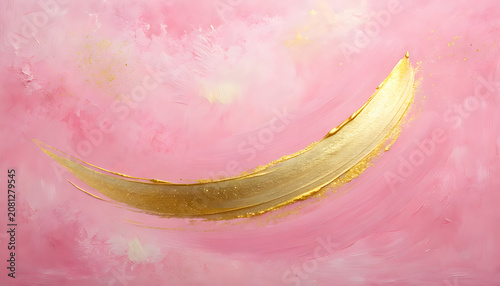 Abstract pink textured background with curved golden brushstroke