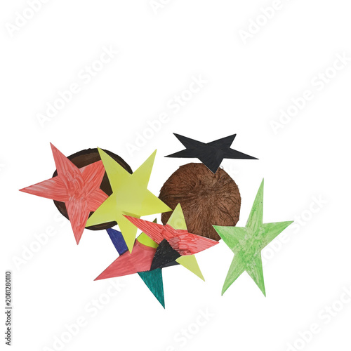 coconut with colorful abstract floral design with butterflies and leaves