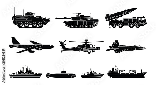 Konstfotografi Military Vehicle Silhouettes Flat Vector Illustration On White Background