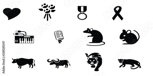 Black animal icons, vector set of 10, silhouette symbols, wildlife graphics, animal signs
