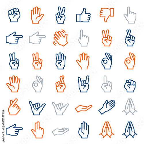 A collection of hand gesture line icons in blue and orange